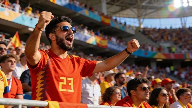Soccer fan cheering and raising fists in red number 23 jersey at sunny stadium