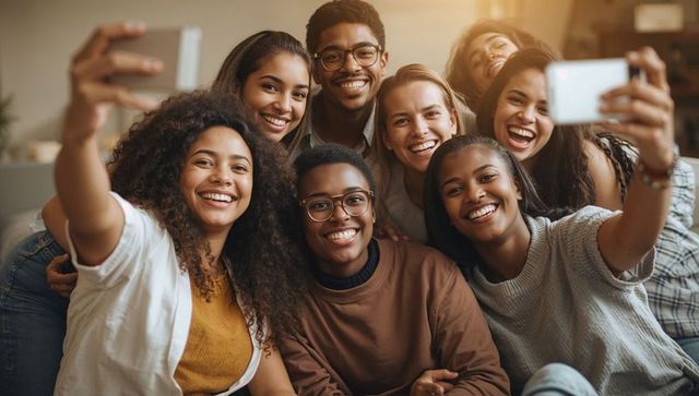 Multicultural friends taking group selfie on sofa smiling and laughing together