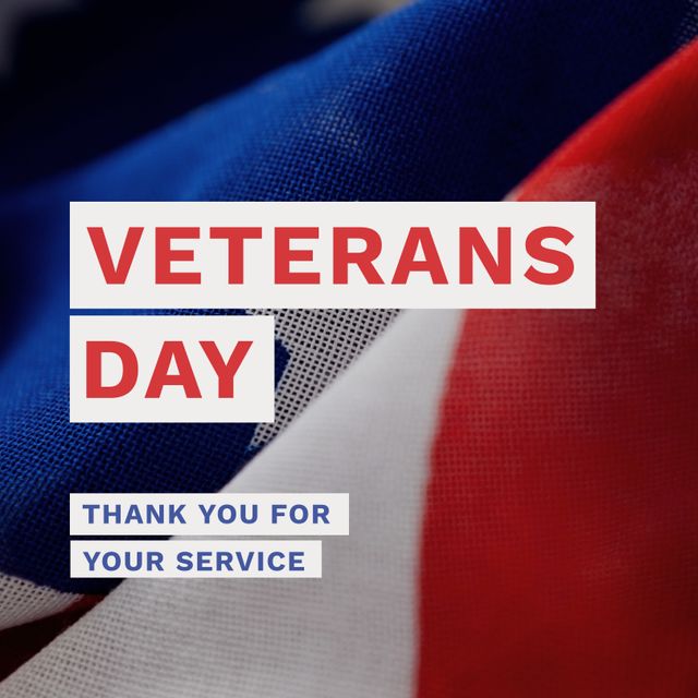 A Veterans Day card featuring a closeup of the United States flag with text saying 'Veterans Day' and 'Thank you for your service'. Perfect for honoring and expressing gratitude to veterans, sharing in social media posts, or as a print material.