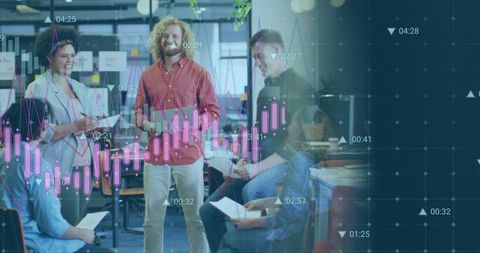 Startup leader guiding team using data-driven brainstorming with candlestick chart overlay