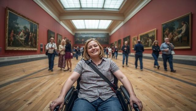 Smiling Woman in Wheelchair Enjoying Art Gallery
