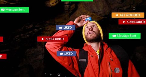 Explorer Adjusting Headlamp While Navigating Dark Cave with Social Media Alerts Overlay