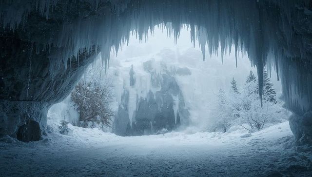 Icicle-framing cave revealing frozen waterfall and snowy valley, misty winter wilderness