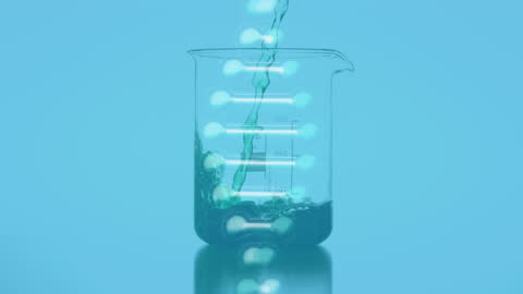 DNA Strand Illustration with Flowing Liquid in Beaker