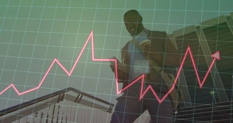 Smiling Professional Checks Smartphone with Data Art Overlay on Stairs