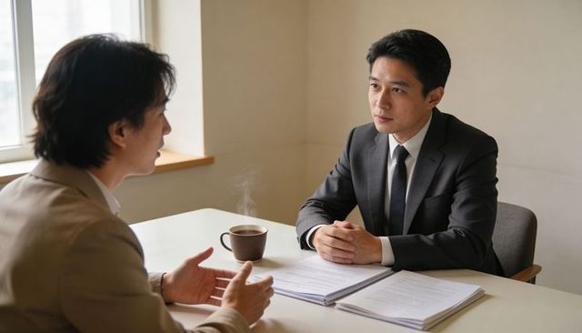 Discussing business interview over documents and steaming coffee, two professionals in formal attire