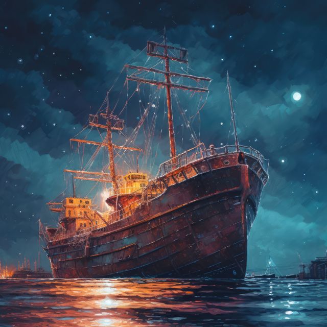A vintage ship is illuminated at night in a harbor. Starry skies and gentle lighting create a tranquil maritime scene.