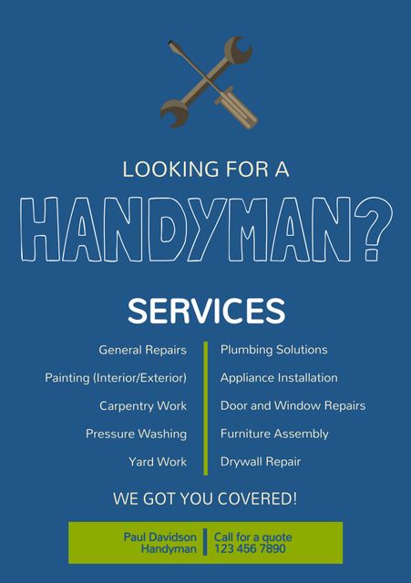 Handyman services flyer showcasing wide range of repair and maintenance services, including general repairs, painting, plumbing solutions, appliance installation, carpentry work, pressure washing, yard work, door and window repairs, furniture assembly, and drywall repair. Ideal for advertising local handyman services and reaching potential customers through print and digital media.
