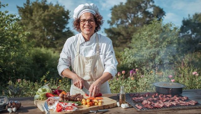 Smiling chef chopping fresh vegetables and preparing skewers at garden grill for summer