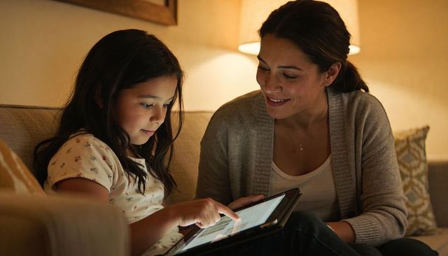 Mother and daughter sharing tablet on couch at night bonding, learning, family warmth