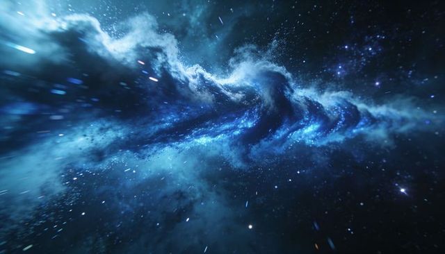 Swirling Cyan-Blue Nebula Filament in Deep Space with Bright Stellar Cores