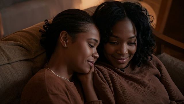 Two women leaning close on sofa sharing cozy intimate evening moment of affection and warmth