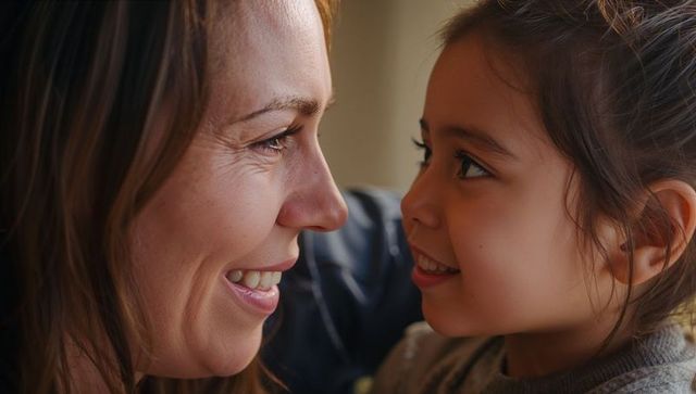 Mother and daughter sharing warm smile and eye contact closeup bonding moment at home