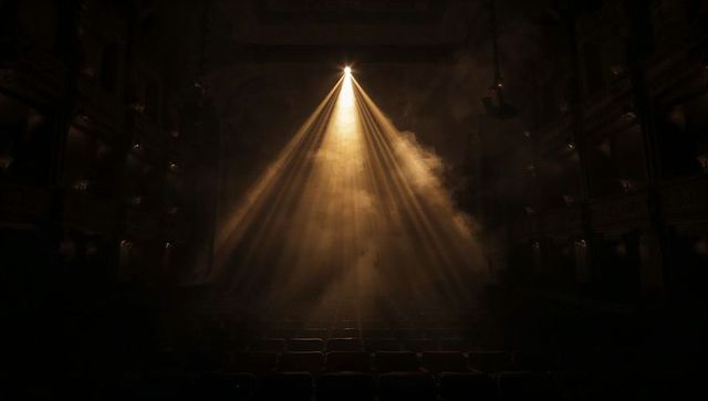Overhead spotlight cutting through haze in dark theater, dramatic golden stage illumination
