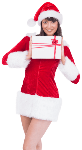 Transparent Santa Girl Holding Gift Box in Christmas Attire