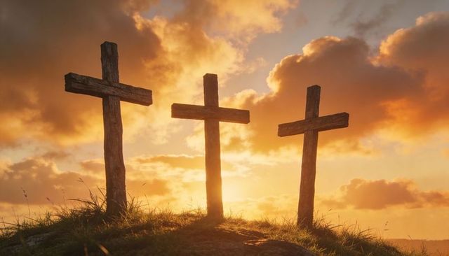 Three weathered wooden crosses standing on hilltop during golden hour sunset