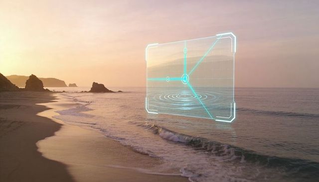 Cyan holographic panel hovering over sunset coastline displaying grid and ripple nodes