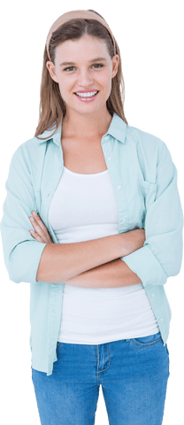 Transparent Smiling Young Woman in Casual Attire with Arms Crossed