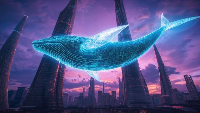 Holographic whale projection at futuristic neon cityscape