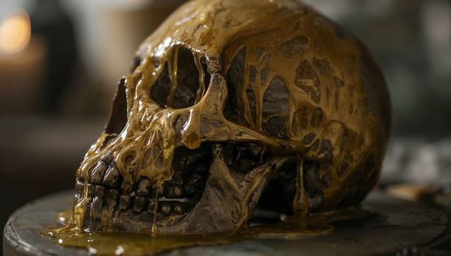 Melting golden wax dripping from human skull in dim workshop