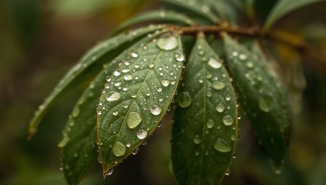 Glistening green leaves holding dew droplets on serrated edges macro botanical texture