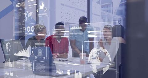 Business Team Analyzing Digital Analytics in Modern Meeting Room