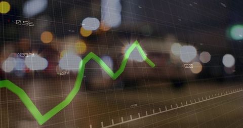 Green Line Graph Tracking Financial Trend Over City Bokeh Lights Data Analytics Concept