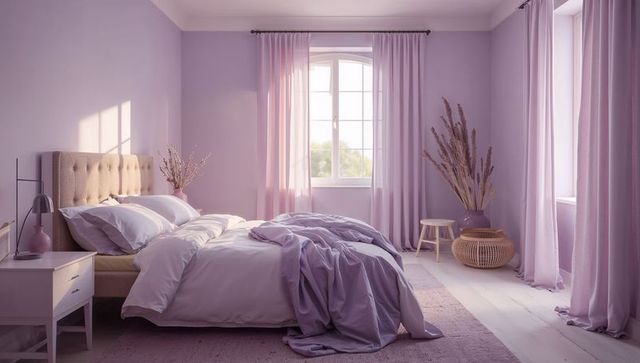 Lavender bedroom featuring tufted headboard, rumpled duvet and sheer curtains in soft light