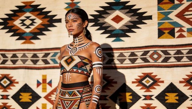 Sunlit model wearing geometric woven set with body paint and tapestry backdrop