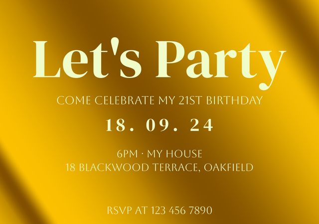 Elegant golden 21st birthday party invitation with text details including date, time, location, and RSVP contact. Perfect for those wanting to celebrate in style, use to invite friends and family to a milestone event.