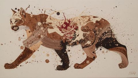 Abstract brushstroke cougar walking with paint splatters and textured canvas signature