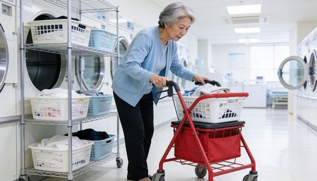 Senior woman pushing red mobility walker while loading laundry basket in bright laundromat