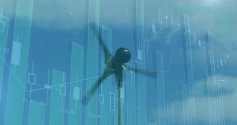 Windmill with Overlay of Business Graphs and Stock Data