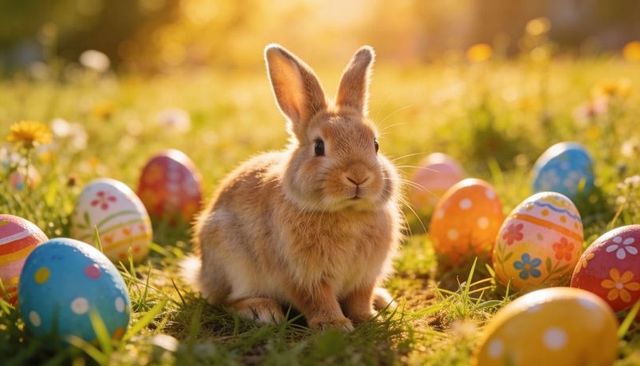 Fluffy easter bunny among hand-painted eggs in golden meadow at sunlit spring dawn
