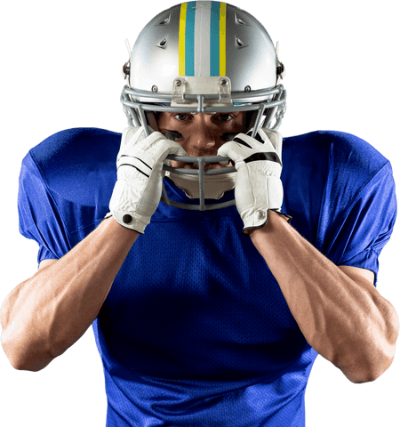 Transparent american football player holding helmet facemask