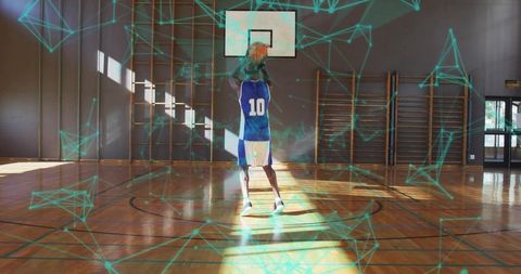 Basketball player #10 shooting free throw in sunlit gym with teal network overlay