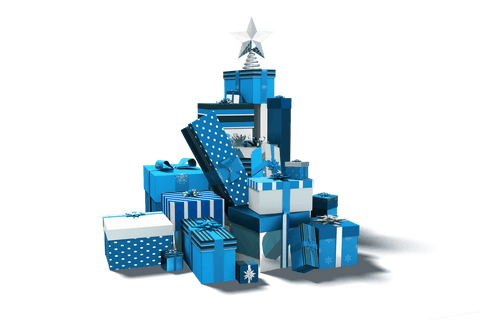 Transparent blue and silver christmas gift boxes in festive arrangement