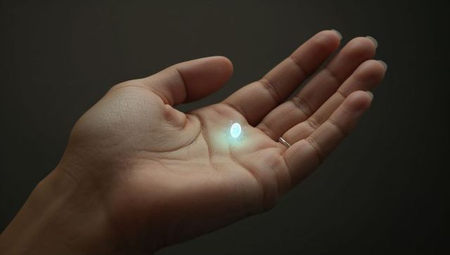 Adult hand holding glowing blue-white energy orb in palm