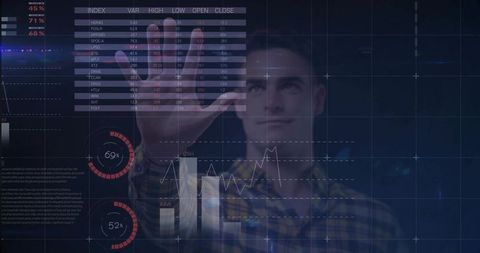 Adult man reaching and touching holographic analytics dashboard with charts and meters