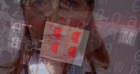 Senior businesswoman overlaying data graphics and world map with red analytics panel