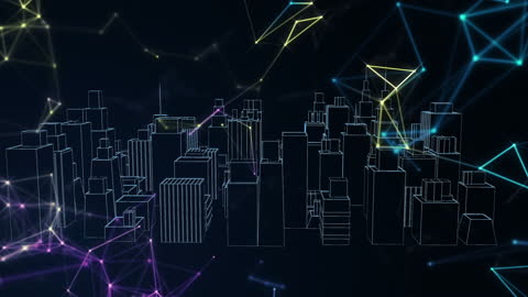 Futuristic 3D Cityscape with Networking Grid Overlay