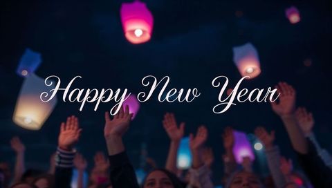 Crowd Releasing Sky Lanterns at Night Celebrating New Year with Colorful Glow