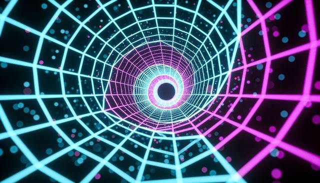 Spiraling neon wireframe tunnel drawing gaze into cyber vortex of cyan and magenta