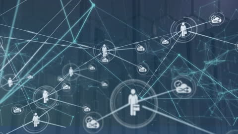 Abstract Digital Network with Icons Against City Skyline