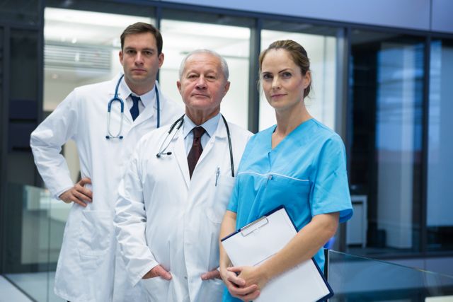 Medical team consisting of doctors and a surgeon standing together in a hospital. They are wearing medical uniforms and appear confident and professional. Ideal for use in healthcare-related articles, medical websites, hospital brochures, and educational materials about medical professions and teamwork in healthcare settings.