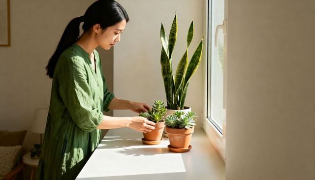 Woman arranging terracotta succulents and snake plant on sunlit windowsill in minimalist room