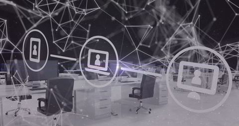 Modern office with digital network overlay illustrating connectivity