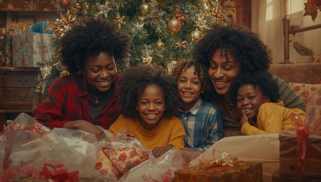 Joyful Family Opening Gifts Around Christmas Tree