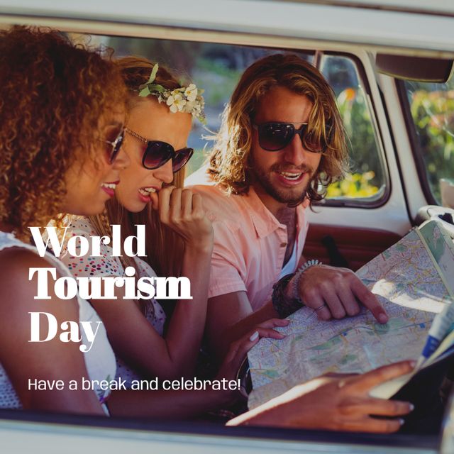 Diverse group of friends traveling and reading map in camper van. Ideal for campaigns and articles celebrating World Tourism Day, promoting travel and tourism, and encouraging road trips and adventures with friends.