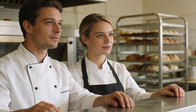 Young chefs preparing fresh artisan bread behind steel counter in commercial bakery